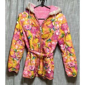 Vintage Suzie Belle Fashion Belted Hooded Lined Child Size 14 Bright Floral Coat